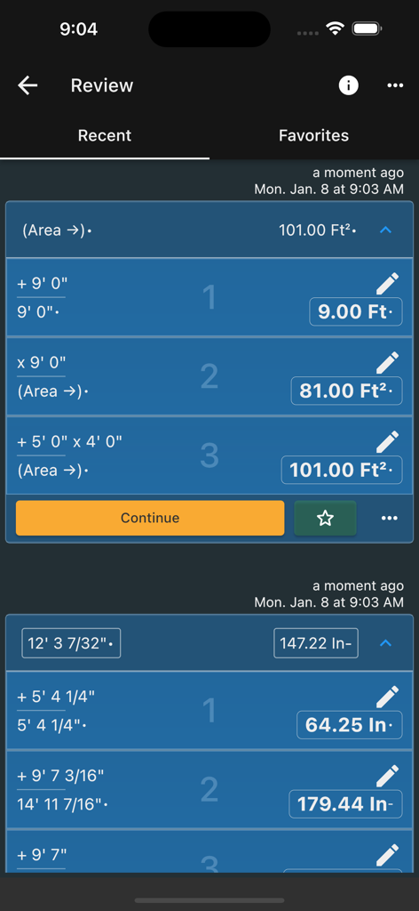 Feet and Inches Calculator - Review screen of the Feet and Inches Calculator showing a history of recent measurement and area calculations.