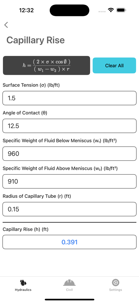 Hydraulics and Waterworks Calc - Écran du calculateur de capillarité de l'application Calcul Hydraulique et Hydraulique Urbaine montrant une formule d'ingénierie et des champs de saisie