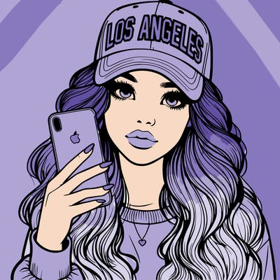 realistic beautiful girl wearing los ángeles cap holding an iphone