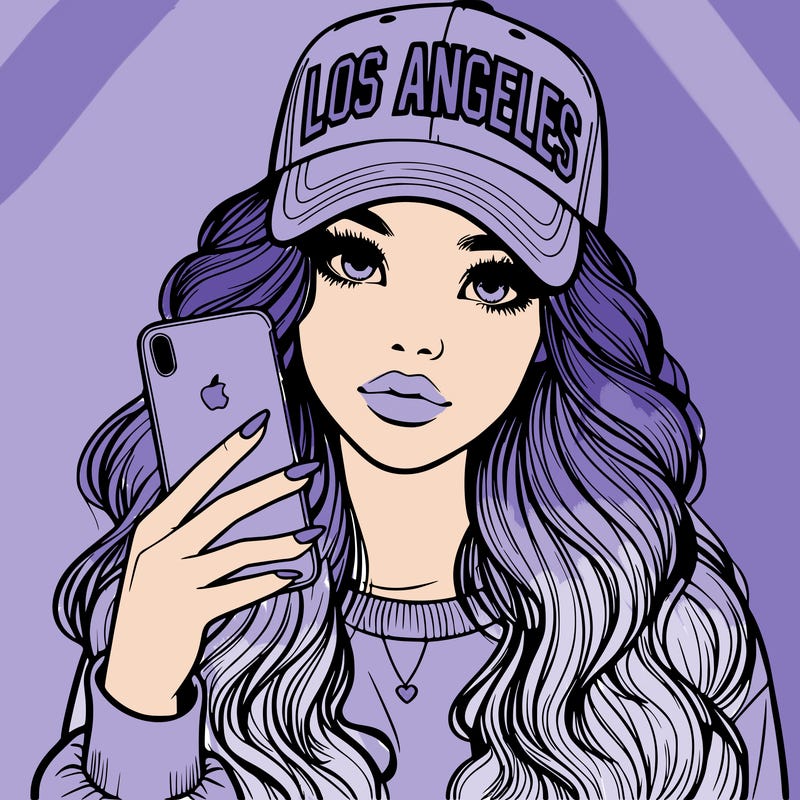 realistic beautiful girl wearing los ángeles cap holding an iphone