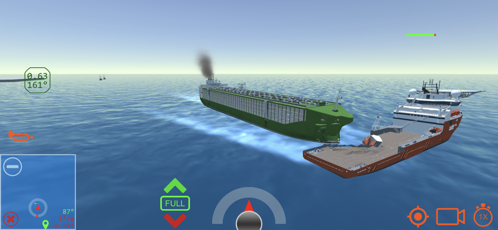 Gameplay screenshot of a collision between a large cargo ship and an offshore support vessel in Ship Handling Simulator.