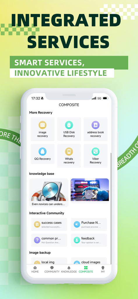 A smartphone showing the Quick extreme recovery app interface with options for image address book and social media data restoration
