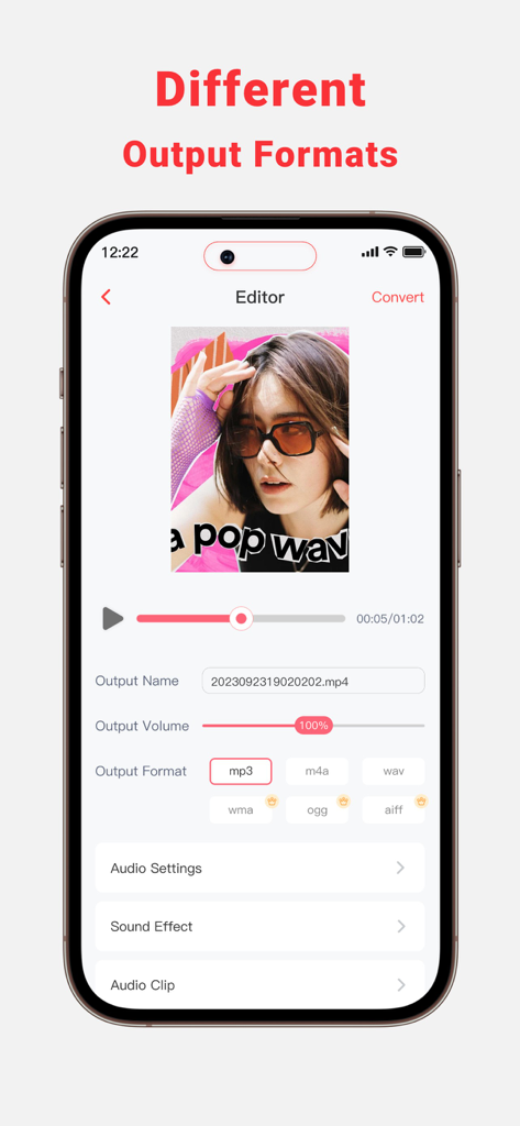 Mobile App-Oberfläche mit Anzeige verschiedener Audio-Ausgabeformate wie MP3, WAV und M4A zur Audiobearbeitung.