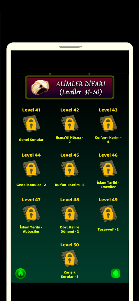Schermata di selezione del livello dell'app di quiz islamici che mostra i livelli bloccati dal quarantuno al cinquanta.