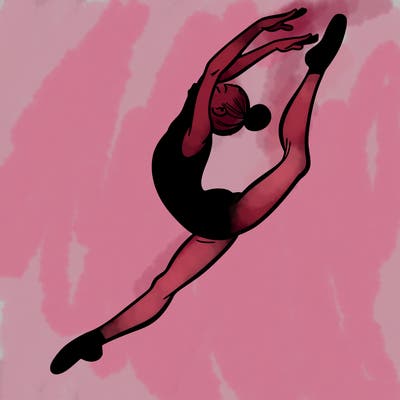 gymnast doing a leap in a leotard with a bent back leg