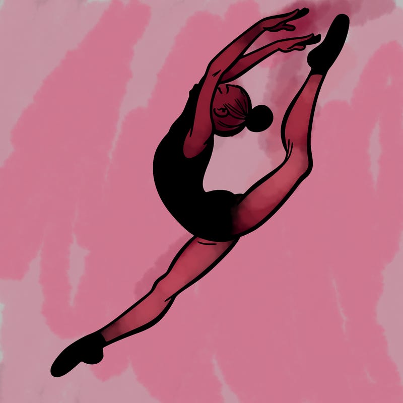 gymnast doing a leap in a leotard with a bent back leg