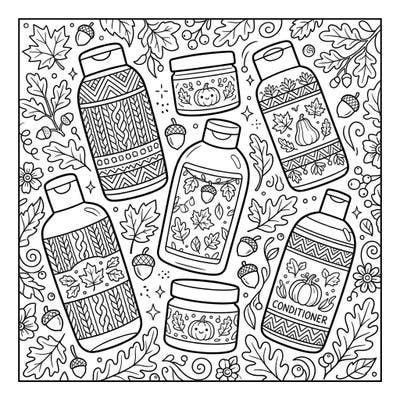 Embrace the warmth of the season with this charming autumn haircare coloring page, featuring beautifully decorated conditioner bottles and jars. It's a perfect way to unwind and bring the cozy spirit of fall to life with your favorite colors.