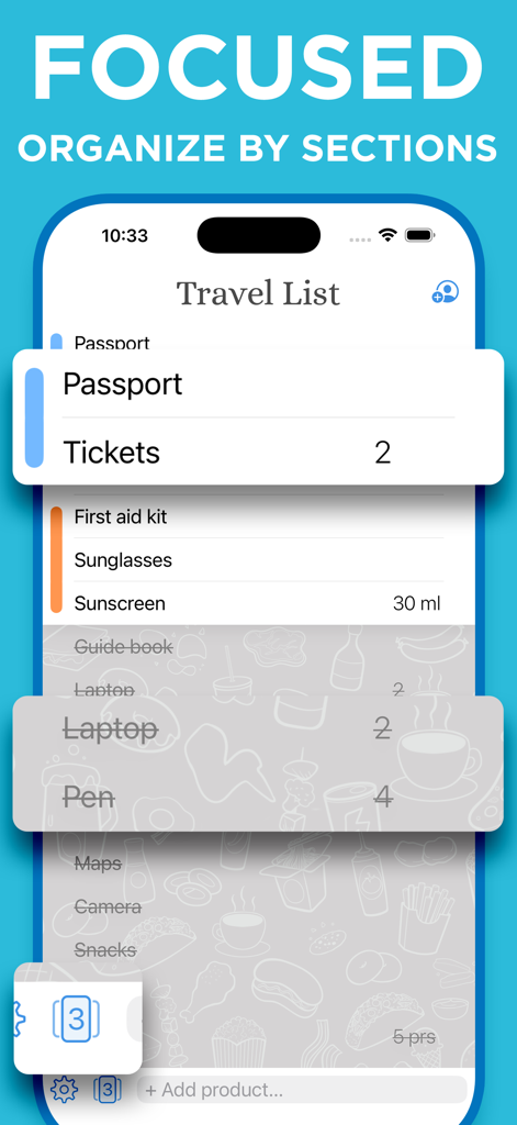 To Shopアプリのトラベルチェックリストは、色分けされたセクション別に整理されています