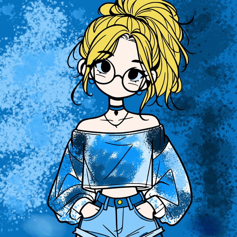 girl with a messy ponytail glasses a baggy crop top and jean shorts