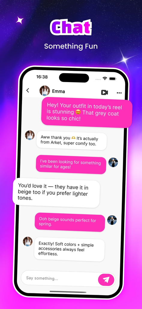 Fufi – Fashion, Video, Share - A mobile app screen showing a social chat interface where users discuss fashion trends and styling tips.