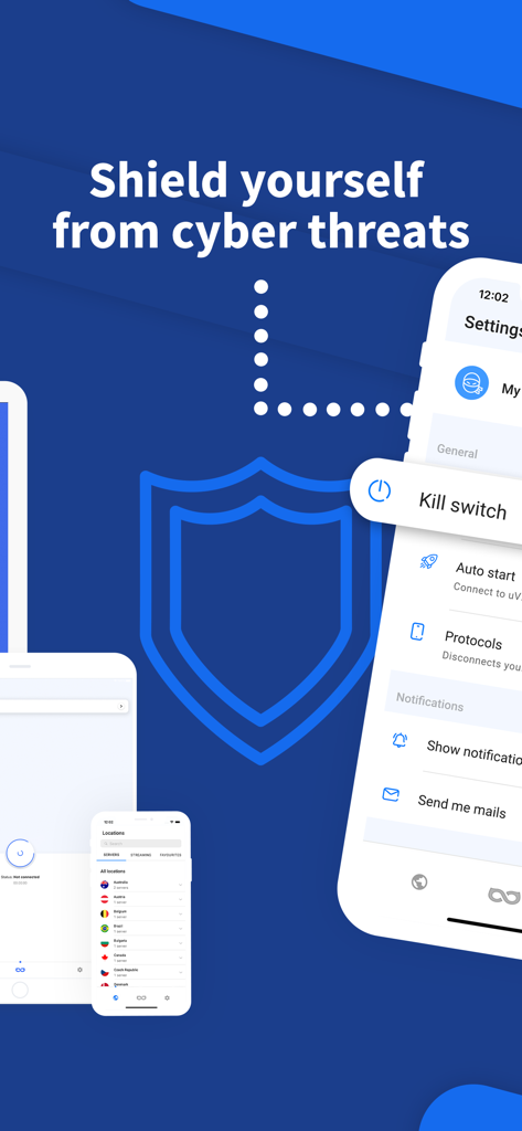 uVPN: Super Fast Secure VPN - Interface de l'application uVPN affichant la fonctionnalité de kill switch et le bouclier de protection contre les cybermenaces.