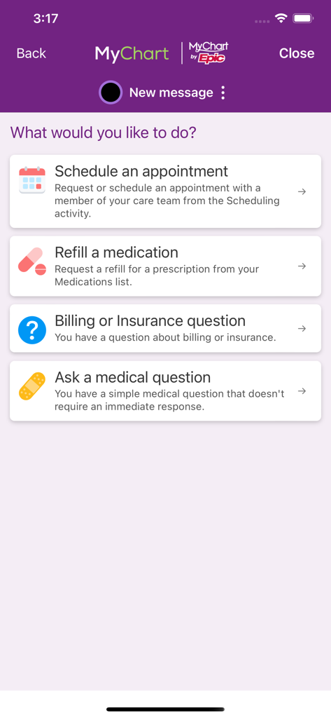 Trinity Health MyChart app interface showing options to schedule an appointment, refill a medication, or ask a medical question.