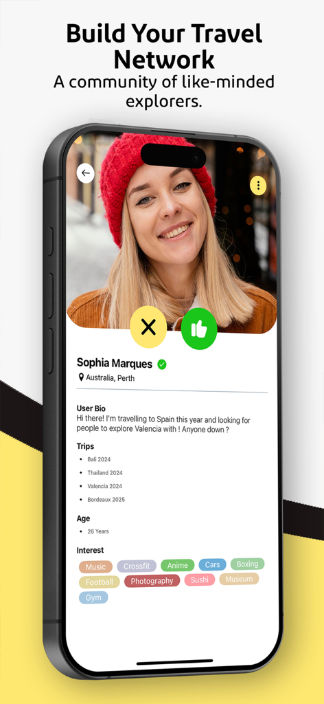 TRVL - Travel & Meet Friends - Smartphone screen displaying a travel app profile for Sophia Marques with travel history, interests, and swipe buttons under the heading Build Your Travel Network.