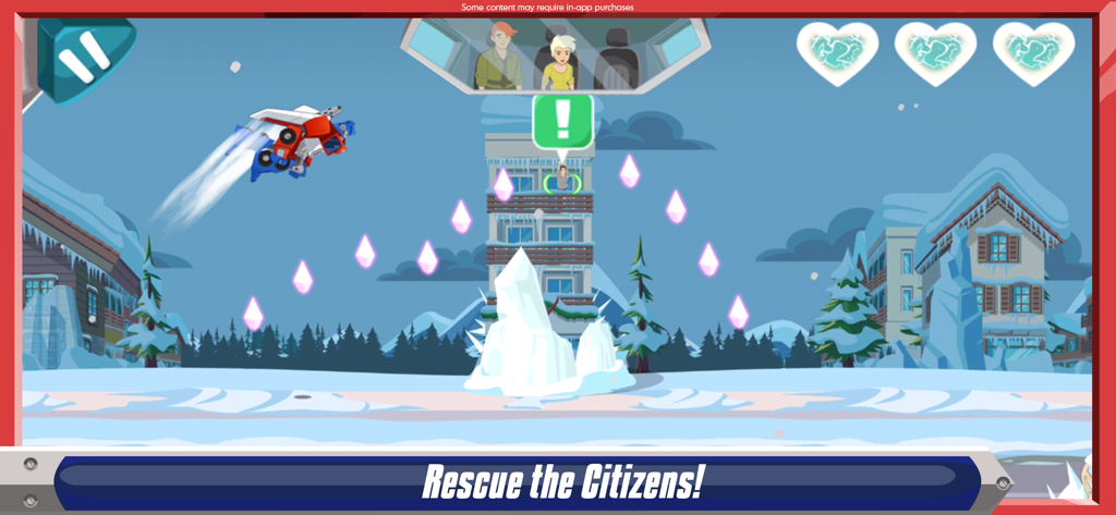 Transformers Rescue Bots: Dash - Gameplay screenshot of Transformers Rescue Bots Dash in a snowy level with a robot character flying over obstacles and a prompt to rescue citizens.