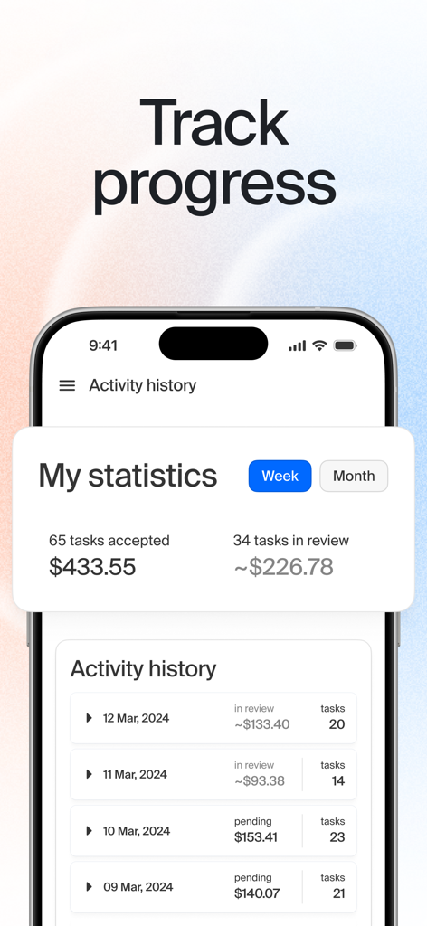 Toloka Annotators - A mobile screen of the Toloka Annotators app showing task activity history and weekly earnings statistics.