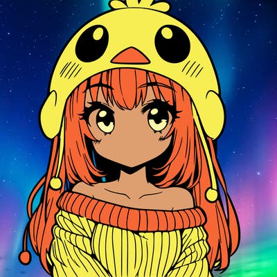 anime girl with chick shaped hat with sweater with bare shoulders with bangs covering them one eye with low tail