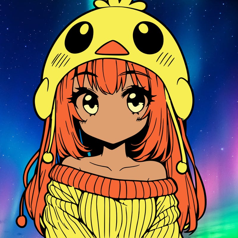 anime girl with chick shaped hat with sweater with bare shoulders with bangs covering them one eye with low tail