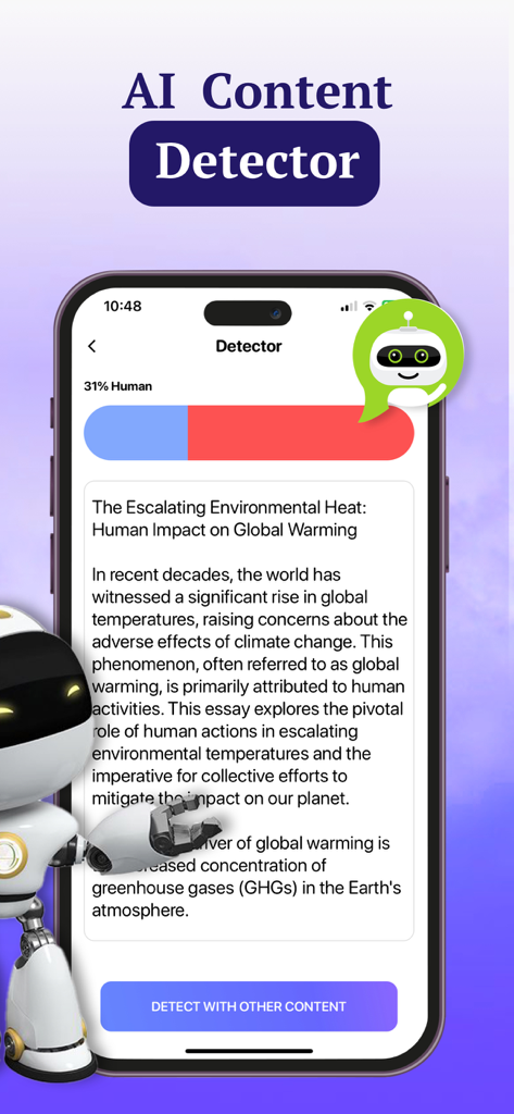 Pantalla de iPhone que muestra la función Detector de Contenido de IA con una barra de porcentaje que identifica la autenticidad del texto