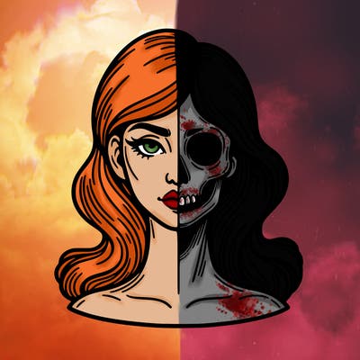 bust of a woman, half face and hair, half skull