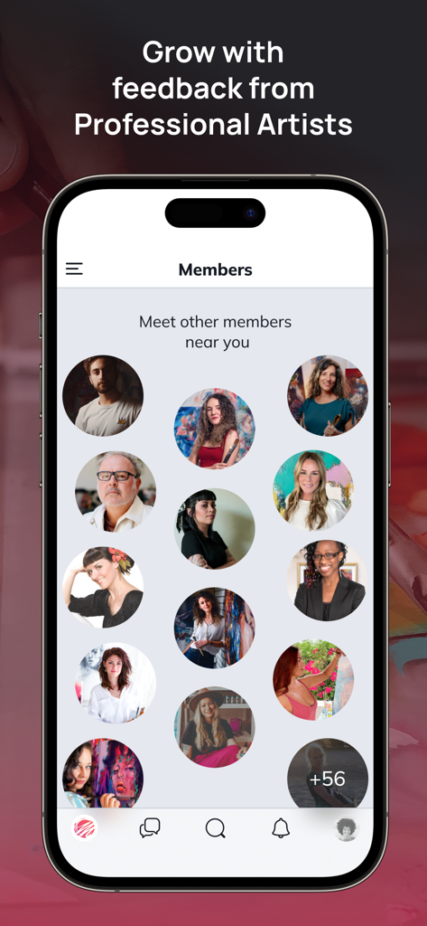 Milan Art - Milan Art app interface displaying a grid of community members and professional artists for networking and feedback.