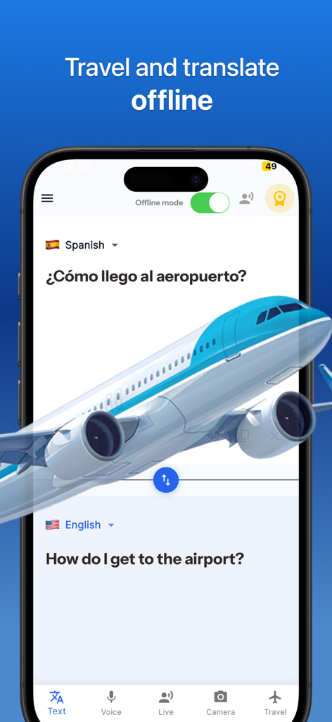 Translate AI - Translator - Translate AI app interface showing offline mode with a Spanish to English translation for travel