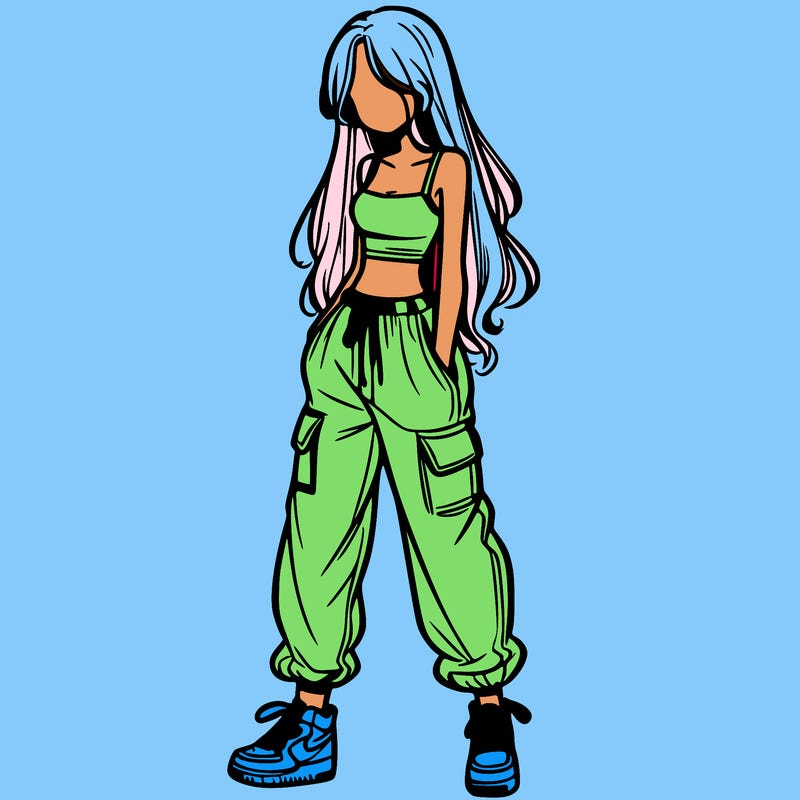 girl in baggy pants crop top and long hair
