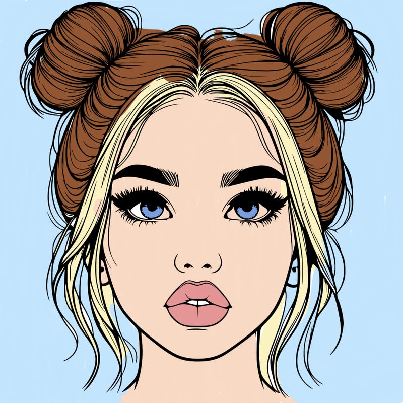 realistic girl with two buns on her hair and lips