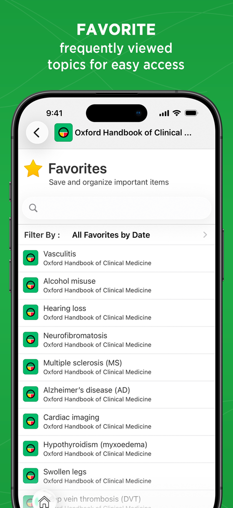 Oxford Handbook Clinical Med - 저장된 의료 주제 목록을 보여주는 옥스퍼드 임상 의학 핸드북 앱의 즐겨찾기 화면 스크린샷