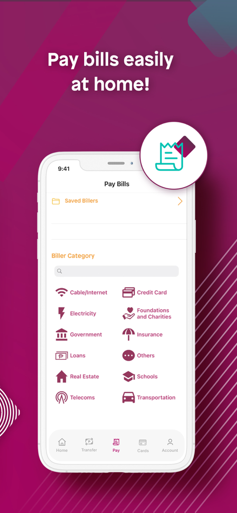 Komo by EastWest - Pantalla de la aplicación de banca digital Komo para pagar facturas con varias categorías de servicios.