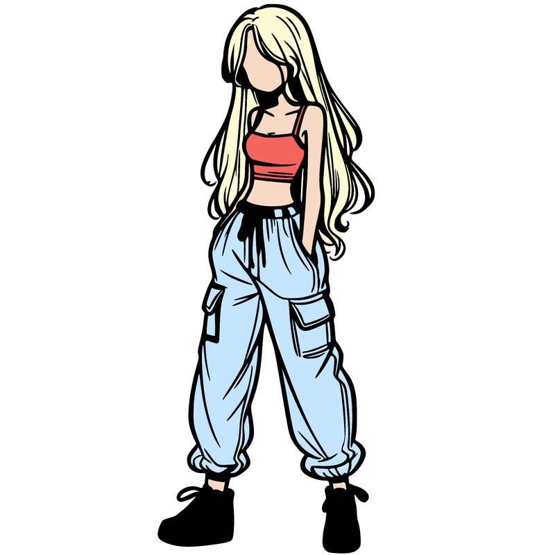 girl in baggy pants crop top and long hair