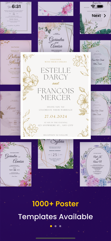 Just Invite: Invitation Maker - A selection of elegant floral wedding invitation templates available in the Just Invite app