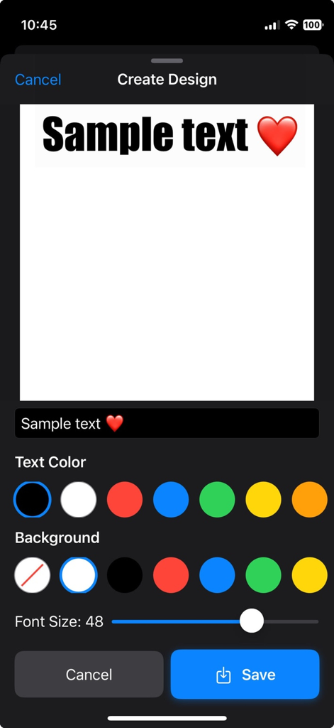 YoMeme: Meme Maker & Editor - YoMemeアプリのインターフェース。テキストの色、背景、フォントサイズのカスタマイズオプションが表示されています。
