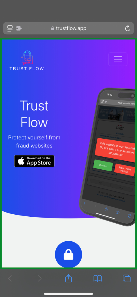 TrustFlow app website header with an iPhone displaying a website security warning