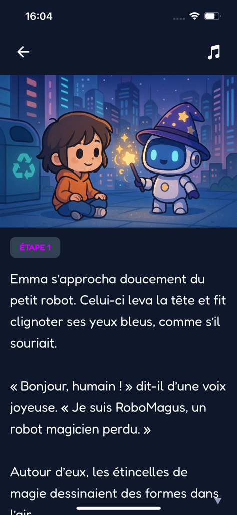 eBooKids - An illustrated scene from the eBooKids app showing a child meeting a small robot wizard in a city at night.