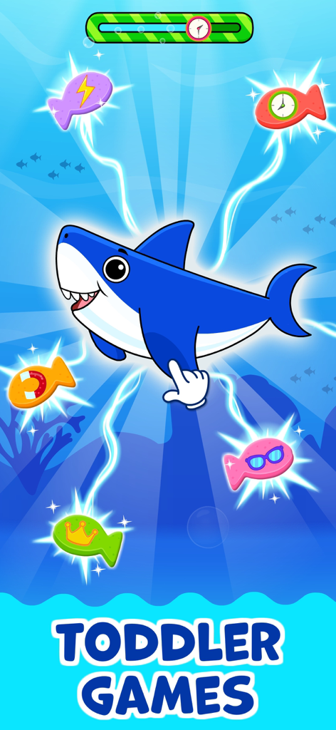 Cartoon-Blauhai in einem Bildungsspiel für Kleinkinder mit Meeres-Thema