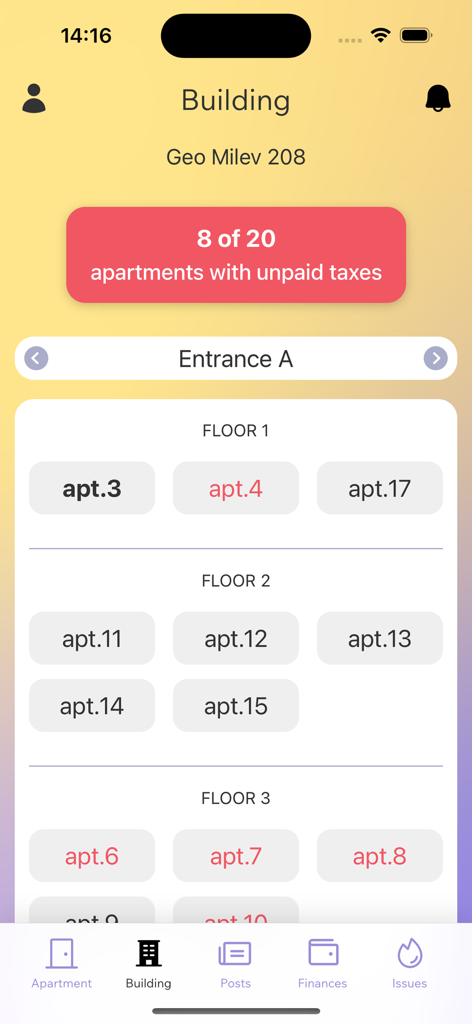 LIVO by Angry Building - LIVO app dashboard showing a building layout with apartment payment status and floor-by-floor occupancy overview.