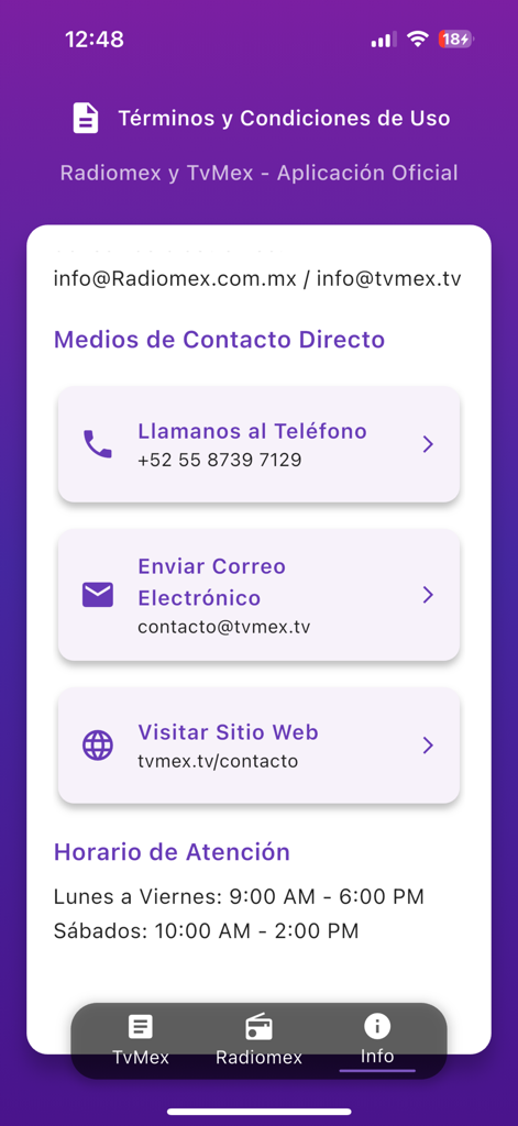 Pantalla de información de contacto para la aplicación TvMex que muestra número de teléfono, dirección de correo electrónico y horario de servicio.