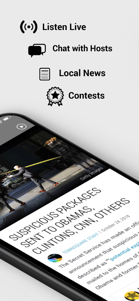 K2 Radio app interface showing features like Listen Live Chat with Hosts Local News and Contests