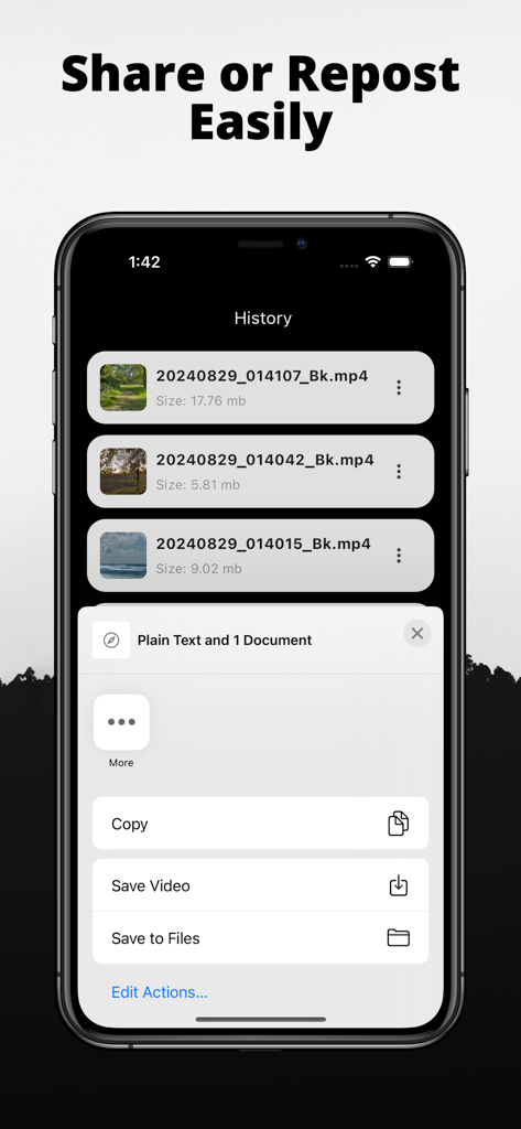 Pantalla de historial de BlackSave Video Spliter que muestra una lista de archivos procesados y un menú de compartir de iOS para guardar o volver a publicar clips.
