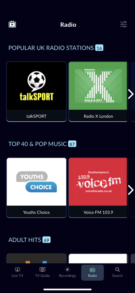 TeeVeeing app interface showing popular UK radio stations like talkSPORT and Radio X London