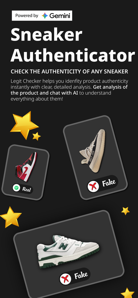 Sneaker Authenticator AI app interface displaying real and fake sneaker authentication results