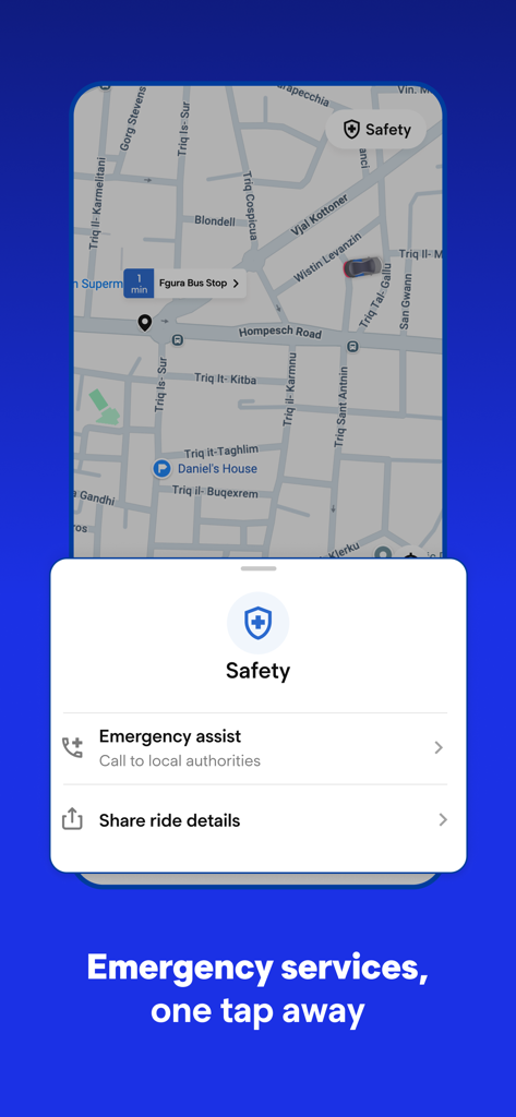 eCabs: Request a Ride - eCabs mobile app interface displaying safety features like emergency assistance and ride detail sharing on a map