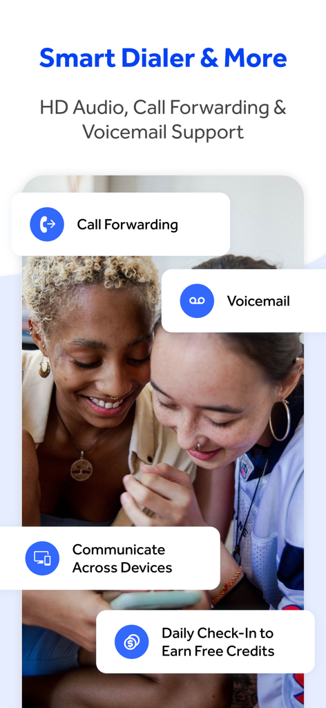 WePhone: 2nd Phone &WiFi Calls - Screenshot of WePhone app features including call forwarding voicemail and free credit rewards