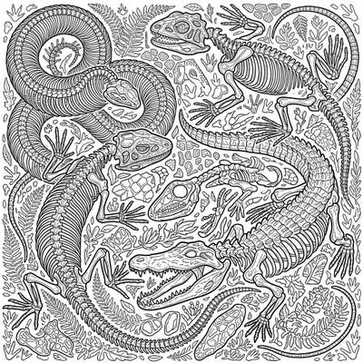 Dive into a prehistoric world with this captivating adult coloring page featuring highly detailed reptile skeletons. Unravel the intricate bones of snakes, lizards, and crocodiles, perfect for a relaxing and educational coloring experience.