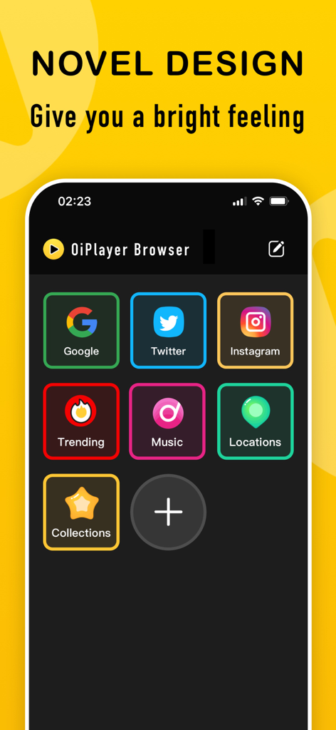 OiVideo - Music Browser Player - OiVideo app home screen showing colorful shortcut icons for social media and music on a dark theme background