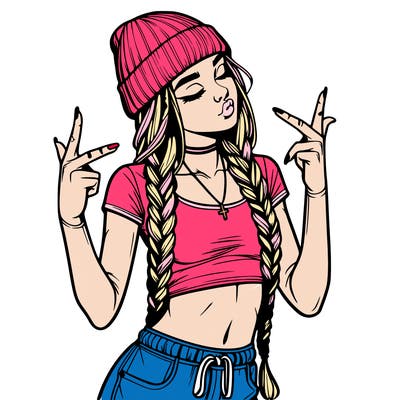 realistic teenage girl with braids and a beanie and crop top doing 🫶🏼