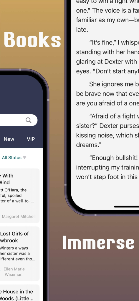 JoyRead app interface showing book recommendations and immersive reading mode for fiction stories
