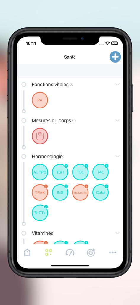 A screenshot of the B-neXt CARE app's health dashboard showing various biometric and lab data categories like vital signs, body measurements, hormonology, and vitamins.