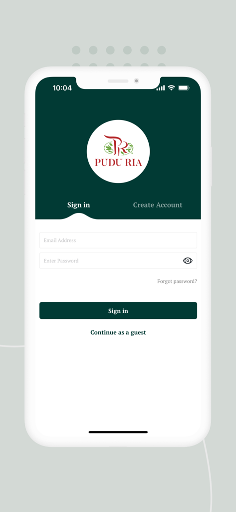 PR Florist - PR Floristアプリのサインインページ。メールアドレスとパスワードのフィールド、Pudu Riaのロゴが表示されています。