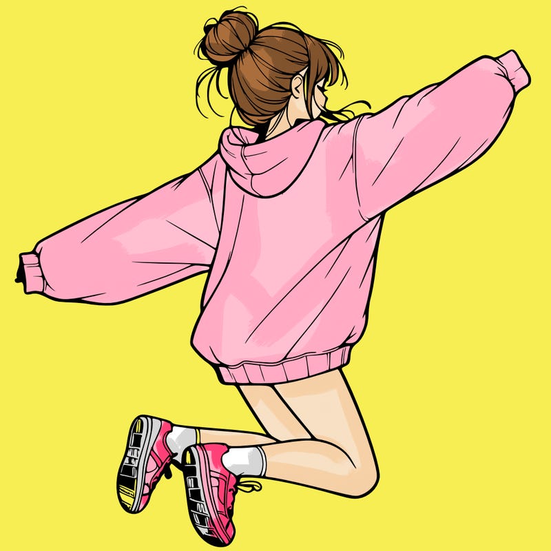 realistic girl jumping with a bun and oversized sweatshirt